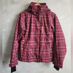 DNA Womens Burgundy Plaid Ski Snowboarding Coat Sz M Hooded Insulated